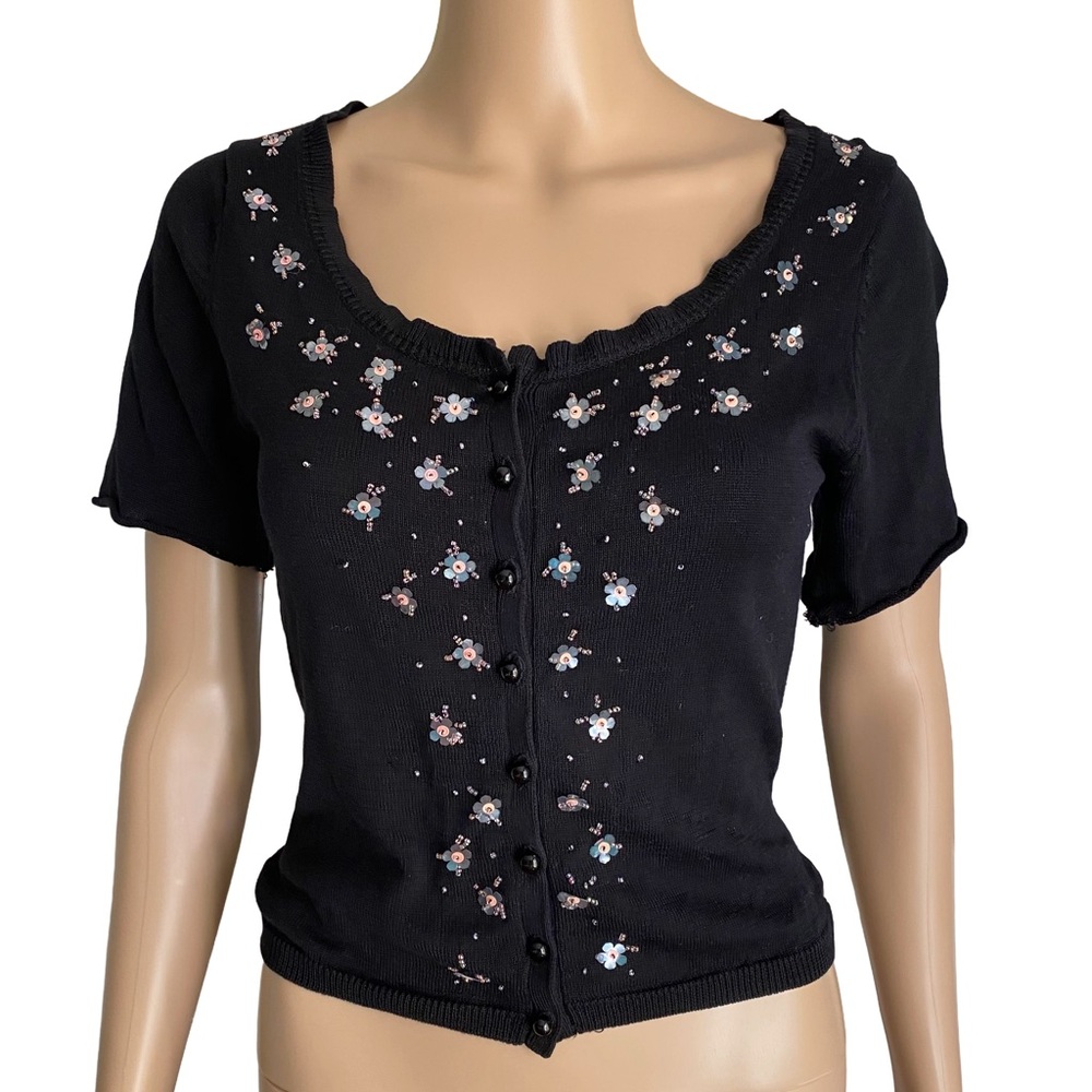 Vintage Betsey Johnson Cropped Cardigan Short Sleeve Beaded Silk Cotton Blend M
